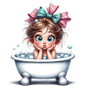 12 Clipart di bambine carine, Neonata nella vasca da bagno PNG, Bolle da bagno, Bambina stravagante, PNG/JPG di alta qualità per la creazione di biglietti, Sublimazione