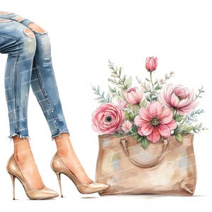 12 cliparts de talons hauts à l'aquarelle, talons hauts floraux, sac à main floral, clipart de fille à la mode, JPG de haute qualité, téléchargement numérique, journaux indésirables