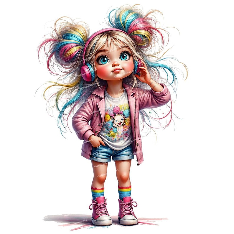 12 Whimsical Girl Clipart, Cute Cartoon Girl, Messy Hair Teen, Girl with Headphones, High Quality PNGs for Junk Journals and Card Making image 7
