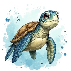 12 imágenes prediseñadas de tortugas bebés, adorables tortugas marinas, animales marinos de dibujos animados, arte infantil, archivos JPG de alta calidad para crear tarjetas y diarios basura.