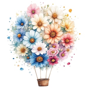 Clipart de montgolfière florale à l'aquarelle, montgolfière à fleurs bohèmes, 12 fichiers PNG/JPG haute qualité, journaux intimes, scrapbooking, création de cartes