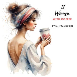 12 images clipart de fille au café, aquarelle, femme avec café, PNG haute qualité, design par sublimation, clipart pour cartes, invitations