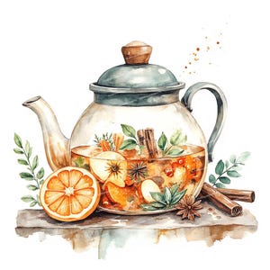 Puede incluir: Ilustración en acuarela de una tetera de vidrio llena de té, rodajas de fruta y especias. Una rodaja de naranja, palitos de canela y anís estrellado están dispuestos alrededor de la tetera. La tetera tiene una tapa gris y un pomo de madera.
