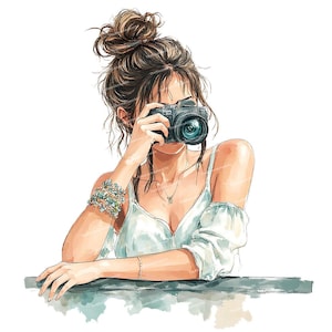 14 images clipart de fille avec appareil photo, photographe, femme à la mode, personnes, PNG haute qualité, design par sublimation, clipart pour cartes d'invitation