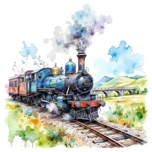 12 imágenes prediseñadas de trenes de acuarela, tren de vapor antiguo, locomotora de vapor, imágenes prediseñadas de ferrocarril, archivos JPG de alta calidad, descarga digital, revistas basura