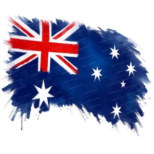 May include: A watercolour representation of the Australian flag. The design includes a dark blue backdrop, the Union Jack in the upper hoist quarter, a large white seven-pointed star, and five smaller white stars. The flag has a textured, brushstroke effect.