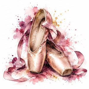 Peut inclure: Une paire de chaussons de danse en satin rose pâle avec de longs rubans assortis, présentés sur un fond d'éclaboussures d'aquarelle artistiques dans des tons magenta profond, rose doux et jaune doré, créant un effet visuel texturé.