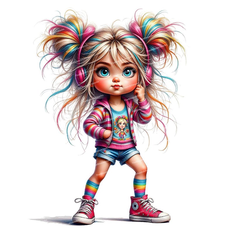 12 Whimsical Girl Clipart, Cute Cartoon Girl, Messy Hair Teen, Girl with Headphones, High Quality PNGs for Junk Journals and Card Making image 8