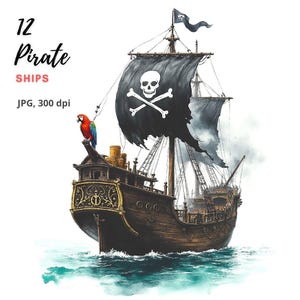 12 Piratenschip Clipart, Zeilschip Clipart, Vintage Schip Clipart, Piratenschip Print, Oude Schip Clipart, Hoge Kwaliteit JPG, Junk Journal