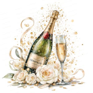 Pode incluir: Ilustração de uma garrafa de champanhe e uma flauta cheia. A garrafa é verde com um rótulo dourado que diz "Champagne". Rosas brancas e confetes dourados rodeiam a garrafa e o copo. Fitas douradas e bolhas adicionam ao tema festivo.