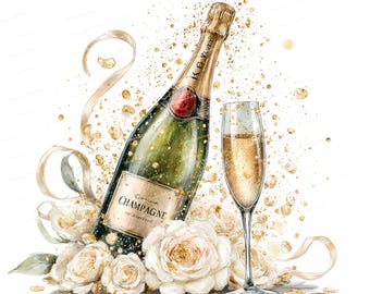 May include: An illustration of a champagne bottle and a filled champagne flute. The bottle is green with a gold foil label that reads "Champagne". White roses and gold confetti surround the bottle and glass. Gold ribbons and bubbles add to the celebratory theme.