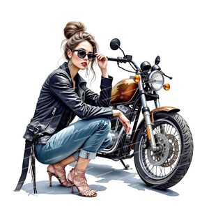May include: A woman wearing a black leather jacket and blue jeans sits on a brown motorcycle. She is wearing sunglasses and has her hair pulled back in a bun.