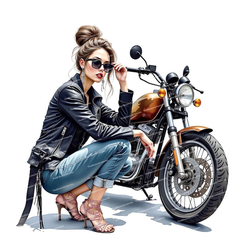 May include: A woman wearing a black leather jacket and blue jeans sits on a brown motorcycle. She is wearing sunglasses and has her hair pulled back in a bun.