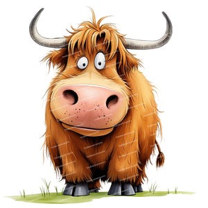 12 Funny Highland Cow Clipart, Whimsical Cow, Farm Animal, Nursery Decor, Sublimation Design, High Quality PNGs, Clip Art for Cards, Invites