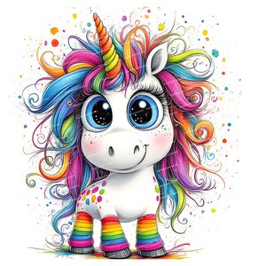 May include: A cartoon unicorn with a rainbow mane and tail. The unicorn has large blue eyes and a white body with rainbow polka dots. The unicorn is wearing rainbow striped leggings and is standing on a white background with colorful splashes.