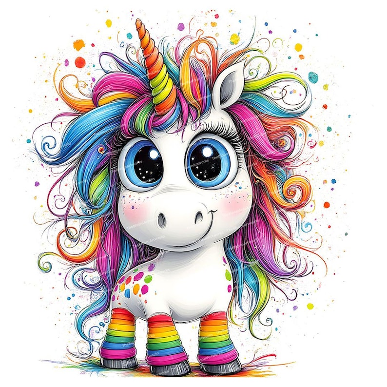May include: A cartoon unicorn with a rainbow mane and tail. The unicorn has large blue eyes and a white body with rainbow polka dots. The unicorn is wearing rainbow striped leggings and is standing on a white background with colorful splashes.