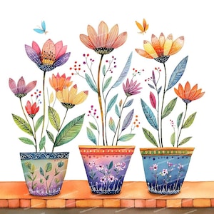 12 cliparts de fleurs en pot fantaisistes, aquarelles florales, fleurs bohèmes, fichiers PNG/JPG de haute qualité pour cartes de vœux Junk Journals