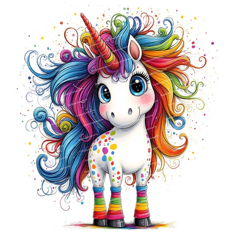 May include: A colorful unicorn with a rainbow mane and tail. The unicorn has a white body with colorful polka dots and is wearing rainbow striped socks and black shoes.