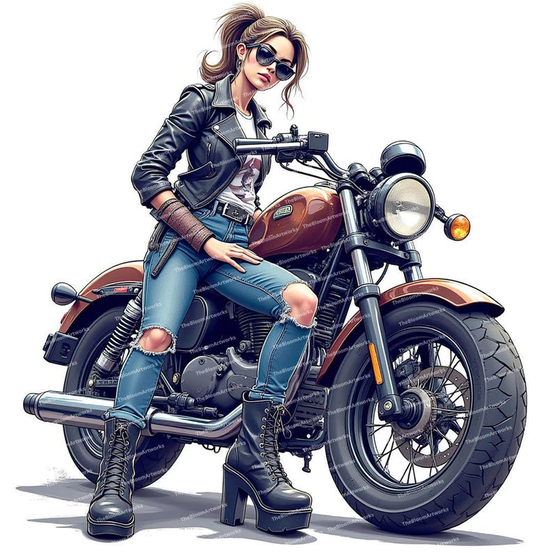 May include: A woman wearing a black leather jacket, blue jeans, and black boots sits on a brown motorcycle. She is wearing sunglasses and has her hair pulled back in a ponytail.