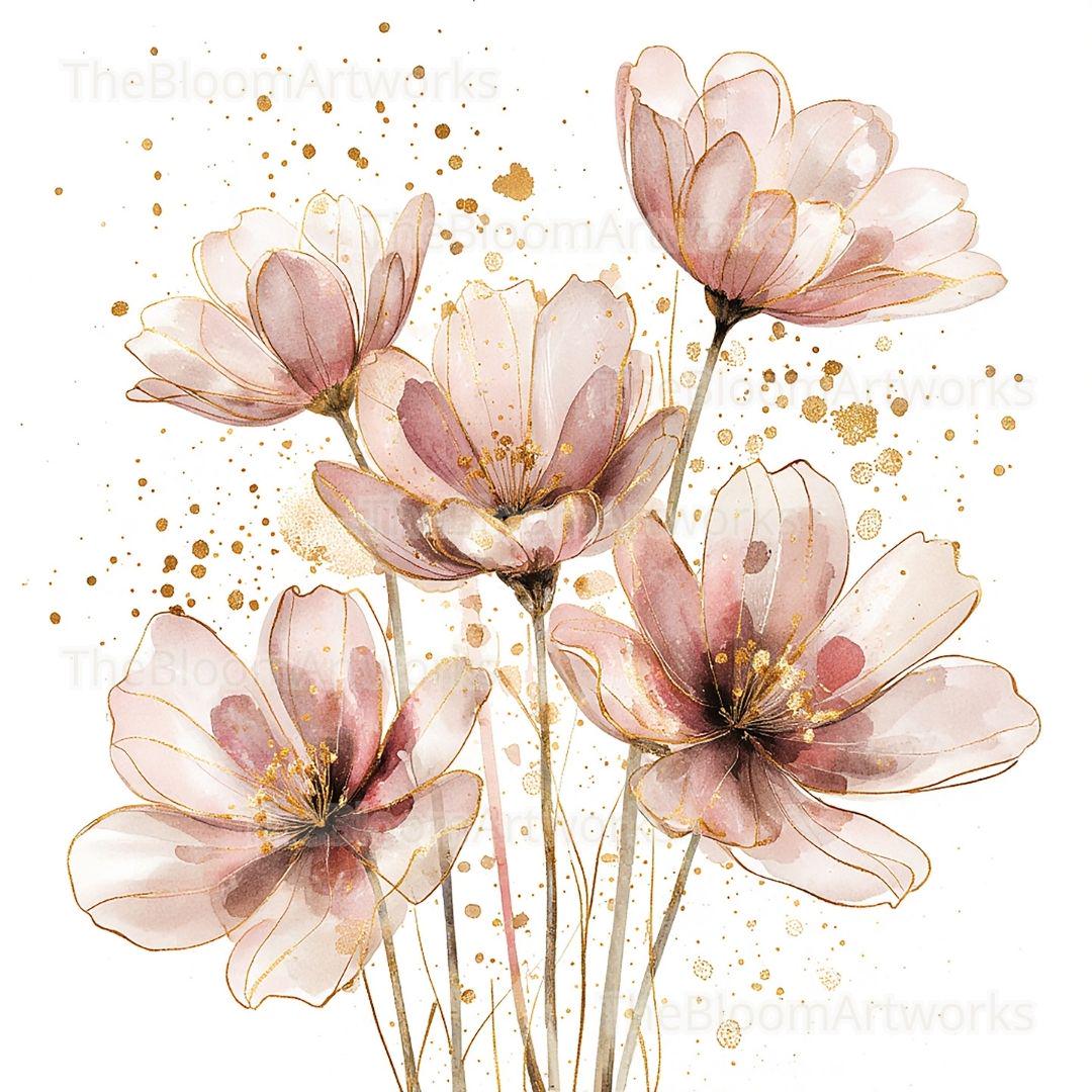 水彩画 アート 花の絵 水彩画の花のクリップアート12点、ピンクゴールドの花、花のイラスト