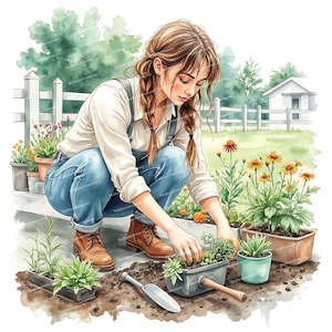 11 cliparts de fille de jardinage, clipart de fille de campagne, clipart de fille de ferme, décor de ferme, fichiers JPG de haute qualité pour le journal intime et le scrapbooking