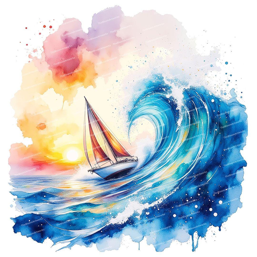 14枚の水彩ヨットのクリップアート、夕焼けのヨットのイラスト、航海