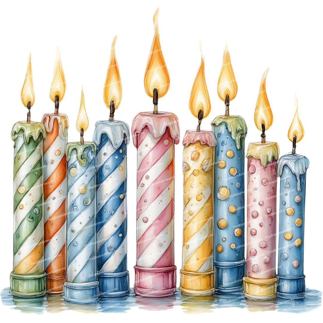 12 Birthday Candles Clipart, Watercolor Party Candles, Birthday ...