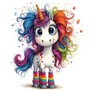 May include: A colorful cartoon unicorn with a rainbow mane and tail. The unicorn has a white body with colorful polka dots and is wearing rainbow striped socks. The unicorn is standing on a white background with hearts and swirls.
