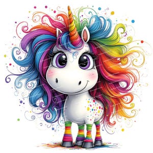 May include: A cartoon unicorn with a rainbow mane and tail. The unicorn has large purple eyes, a white body with colorful polka dots, and rainbow striped legs. The unicorn is standing on a white background with colorful swirls and dots.