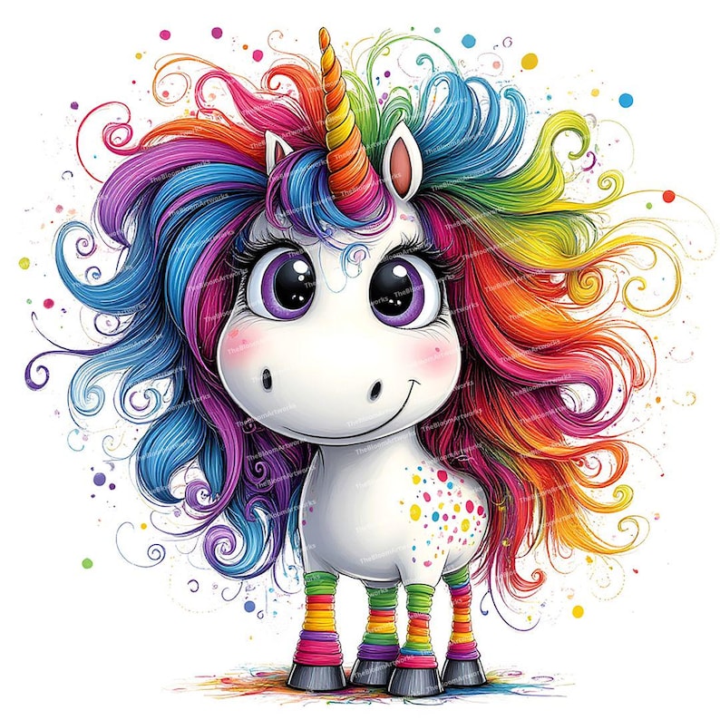 May include: A cartoon unicorn with a rainbow mane and tail. The unicorn has large purple eyes, a white body with colorful polka dots, and rainbow striped legs. The unicorn is standing on a white background with colorful swirls and dots.
