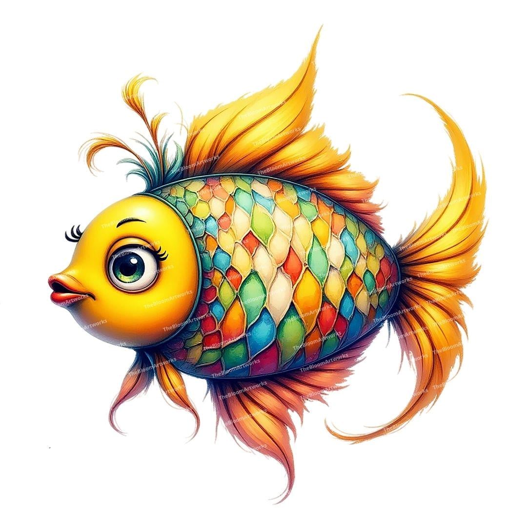 14種類の漫画風魚クリップアート、水彩画の魚、ファンタジーレインボー