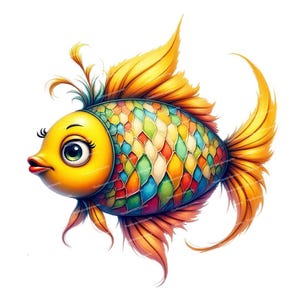 14 Cartoon Fish Clipart, Watercolor Fish, Fantasy Rainbow Fish, Cute Ocean Animal, High Quality PNG/JPGs, Sublimation for Kids Party Decor