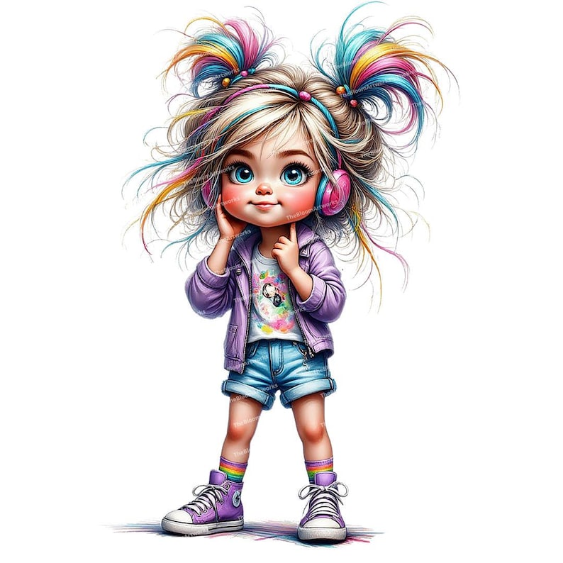 12 Whimsical Girl Clipart, Cute Cartoon Girl, Messy Hair Teen, Girl with Headphones, High Quality PNGs for Junk Journals and Card Making image 6