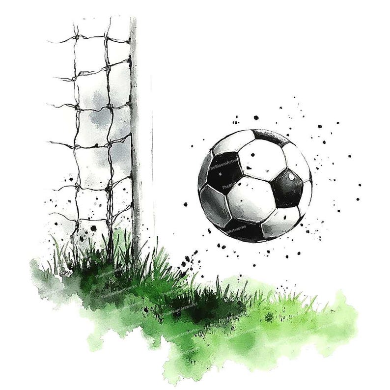 May include: A black and white soccer ball flying through the air towards a goal with a green grass field and a white net in the background.