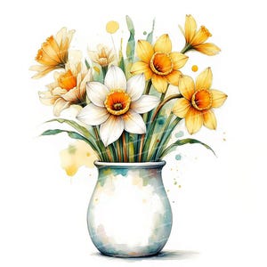 Puede incluir: Un jarrón de cerámica blanca con efecto acuarela, lleno de un ramo de narcisos amarillos y blancos. Las flores están dispuestas en un estilo suelto y natural, con algunos tallos que se extienden más allá del jarrón.