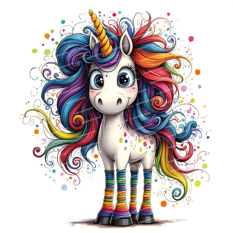 May include: A colorful cartoon unicorn with a rainbow mane and tail. The unicorn is wearing rainbow striped socks and has a gold horn.