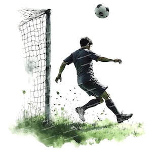 May include: A watercolor painting of a soccer player kicking a ball towards a goal. The player is wearing a dark blue jersey and shorts, and the ball is white with black panels. The goal is in the background, and the grass is green.