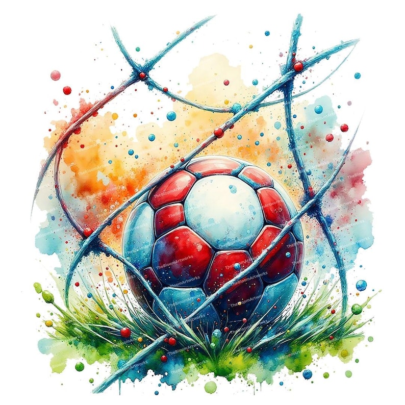 Puede incluir: Una pintura de acuarela de un bal&oacute;n de f&uacute;tbol en una red. El bal&oacute;n es rojo, blanco y azul, y la red es azul. El fondo es una acuarela de amarillo, naranja y azul.