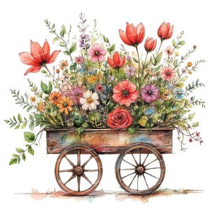 12 Blumenwagen Clipart, Aquarell Blumenstrauß, Vintage Blumenwagen, Hochwertige PNGs, ClipArt für Karten, Einladungen, Scrapbooking