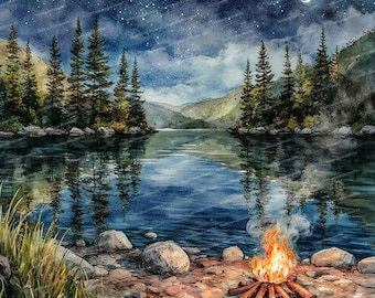 水彩画風の山湖クリップアート12点、夜の森の風景、月明かりの自然