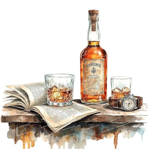 13 Whisky Clipart, Aquarell Bourbon, Vintage Whisky, Maskuline Clipart, Hochwertiges PNG, Sublimation Design, Clip Art für Karten Einladungen