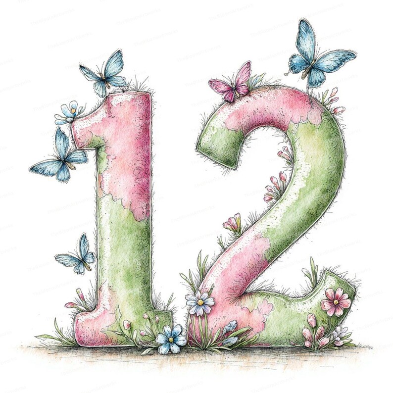 May include: An illustrated number 12, featuring a pink and green color scheme. The numbers are adorned with butterflies, flowers, and foliage. The artwork has a whimsical, hand-drawn style, perfect for birthday or anniversary celebrations.
