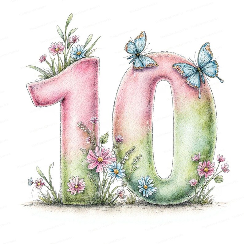 May include: Watercolor illustration of the number 10, in pink and green, decorated with flowers and butterflies. The number 1 is pink, and the 0 is green, with two blue butterflies perched on top. Pink, blue, and white flowers surround the numbers.