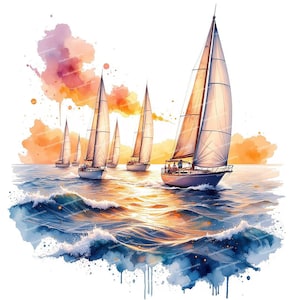 14 Clipart di yacht ad acquerello, Illustrazione di yacht al tramonto, Arte nautica, Scena di navigazione oceanica, JPG di alta qualità, Diari di spazzatura, Creazione di biglietti