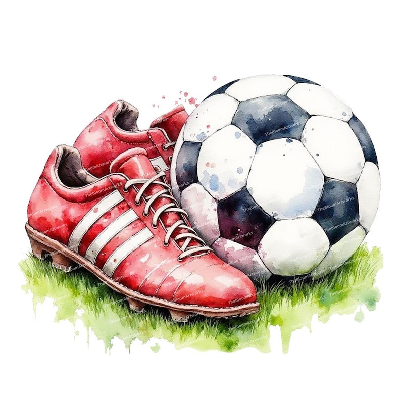 Puede incluir: Una pintura de acuarela de una bota de f&uacute;tbol roja y un bal&oacute;n de f&uacute;tbol blanco y negro en un campo de hierba verde.