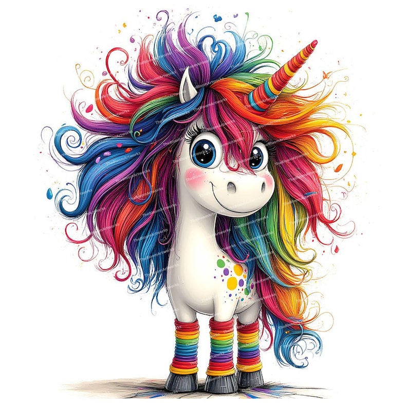 May include: A colorful unicorn with a rainbow mane and tail. The unicorn has a white body with colorful polka dots and is wearing rainbow striped socks. The unicorn is smiling and has a friendly expression.