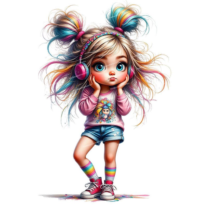 12 Whimsical Girl Clipart, Cute Cartoon Girl, Messy Hair Teen, Girl with Headphones, High Quality PNGs for Junk Journals and Card Making image 3