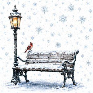 Peut inclure: Un lampadaire en métal noir avec une lumière jaune brillante se trouve à côté d'un banc de parc en bois recouvert de neige. Un cardinal rouge vif est posé sur le dossier du banc, tandis que des flocons bleus tombent sur un fond blanc.