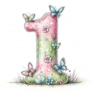 May include: A watercolor illustration of the number one, decorated with butterflies and flowers. The number is pink and green, with a textured appearance. Butterflies in shades of pink and blue are perched on the number. Small flowers and greenery add to the whimsical design.