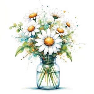 14 images de marguerites aquarelles, bouquet de marguerites, fleurs sauvages rustiques, fleurs printanières, fichiers JPG de haute qualité pour la journalisation et la création de cartes